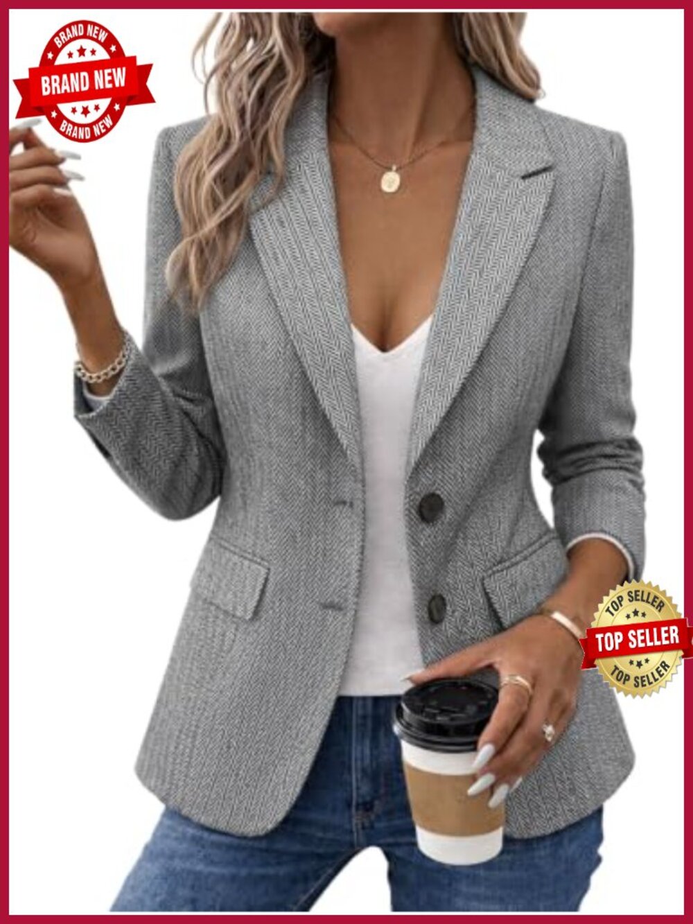 Herringbone Tweed Blazer Slim Fit Notch Lapel Work Office Jacket